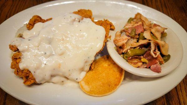 Chicken Fried Chicken, Southern Green Beans, Mashed Potatoes, Cajun Corn Cake