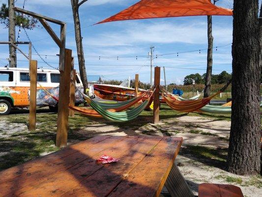 Outdoor dining and hammocks.