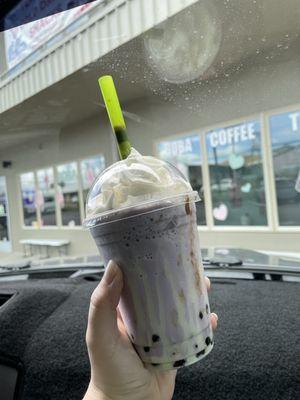 Taro Milk Tea with Condensed Syrup walls and Large Boba