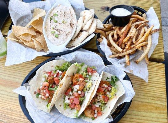 Baked Crab Dip, Bangin' Shrimp Tacos & Fries