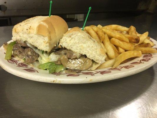 They make Philly cheesesteak with mushrooms, onions, green peppers and pepper jack cheese!