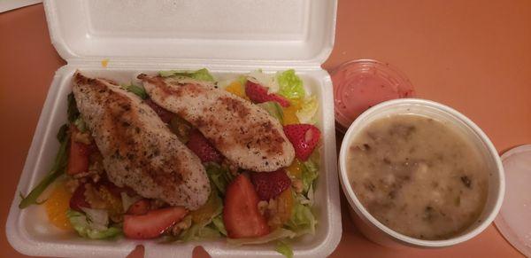 Strawberry salad with Chicken, mushroom barley soup