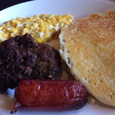 Scrambled eggs, patty sausage, link sausage and pancakes! Amazing!