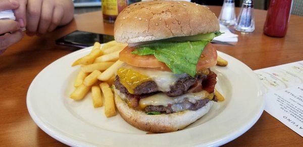 Patron burger, 2 huge patties with bacon and pepper jack cheese.  Cooked to order.  Amazing and yoooge.  Only $8.50.