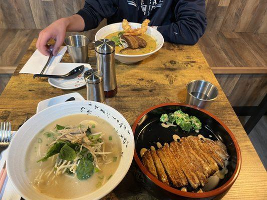 Miso ramen with chicken katsu, tomkatsu with shrimp Tempura