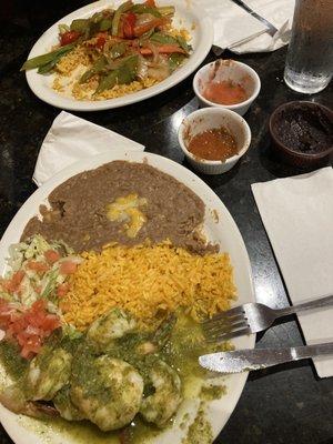 Vegetable Dish with rice and shrimp Camarones a la Diabla. Also the 2 salsas and bean dip that are complimentary