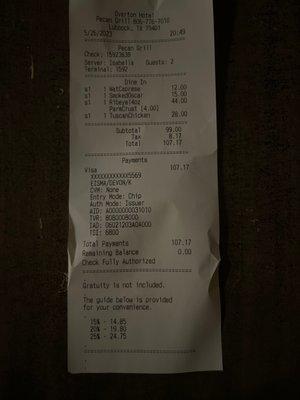 Receipt. They took out the scampi, but not the rib eye. One positive thing is that they calculate tip on the pre-tax total.