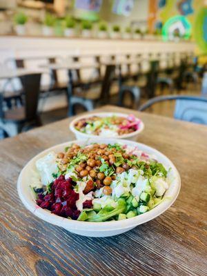 Honey Harissa Chicken bowl with Tzatziki sauce, garlic sauce (Toum), and fried chickpeas ...yummmm