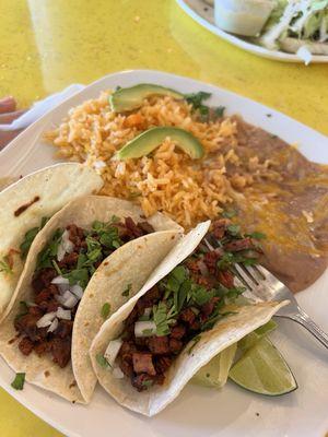 Carne Asada taco plate, with perfect rice and beans