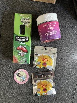 Shroom vape, dragonfruit gummies, hard candy edibles