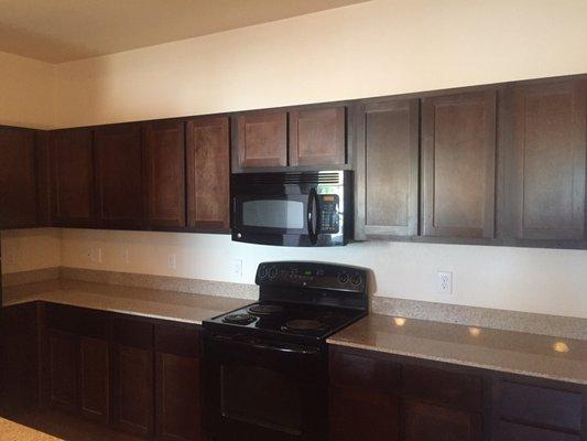 Granite countertops with a built-in fridge, microwave, oven, electric stove tops, and dishwasher