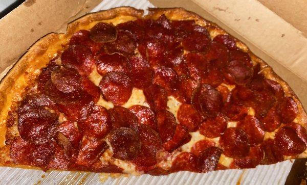 Last half of large pepperoni, with extra pepperoni. They really pile it on good!!