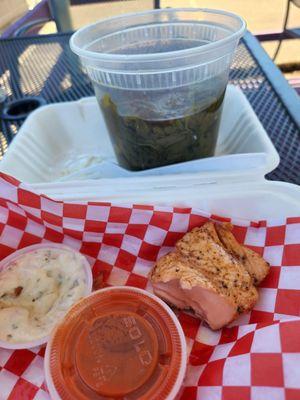 Lg side of Smoked turkey mustard greens, and 1 piece salmon without breading.