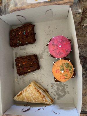 Brownies margarita cupcakes and peach turnover