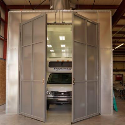 Joe's 44' long x 16' high enclosed, heated paint booth, large enough for any RV!