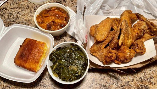 Fried chicken 6 Wings Dinner Platter with Mean Greens, Sweet Glazed Yams and Cornbread