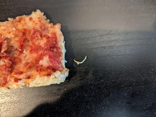 Picture of their cheese pizza with the nail I found in it pictured in the center