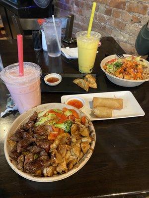 I ordered strawberry boba and a bowl of noodles with teriyaki steak and chicken.