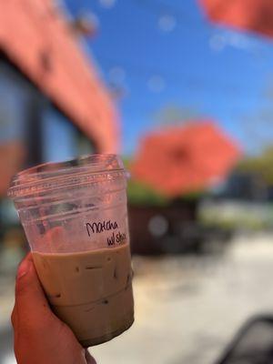 Iced matcha latte and a beautiful patio on the corner of Alabama and 16th