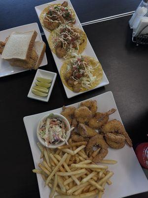 Shrimp tacos, Shrimp and Fries Basket, and Red Snapper Sandwich