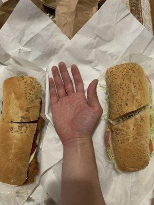 Sandwich size compared to my hand. Sandwiches are big.