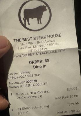 Receipt that I ordered New York strip