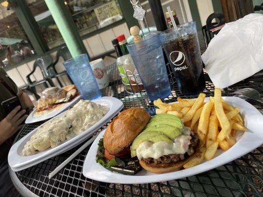 Cinnamon roll French toast.
 Really good biscuits and gravy!
 Bison burger and fries.