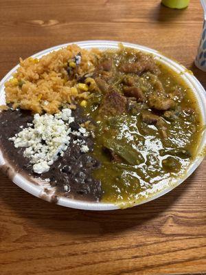 Chicharrón con puerco with rice and beans