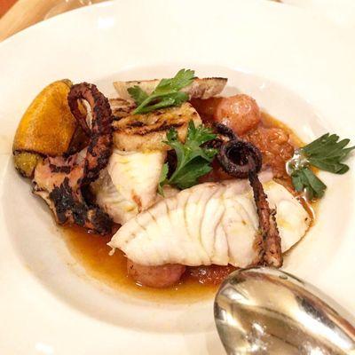 Wood grilled octopus, roasted jack mackerel, burnt orange, smoked tomato and marble potato ragu