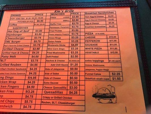 Menu of Kim's Grille.