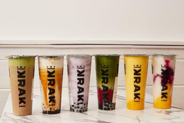 Krak Boba flight of Matcha Krak Coffee, King Brulee, Taro Twist, Strawberry Matcha Latte, Mango Tango, and Dragon Slayer.