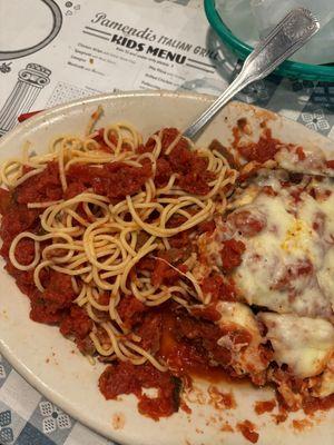 Pasta with diced tomatoes (should be a sauce) and soggy Eggplant Parmesean