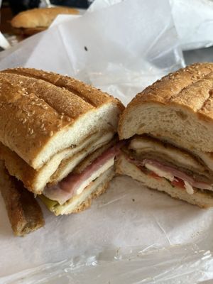 Chicken and eggplant grinder with mozzarella cheese and long hot peppers. Great sandwich.