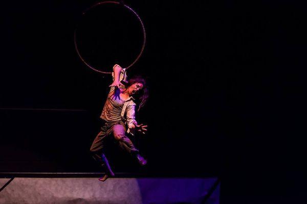 Aerial hoop scene from No Graves No Masters at Z-Space, photographed by Brandon Barker