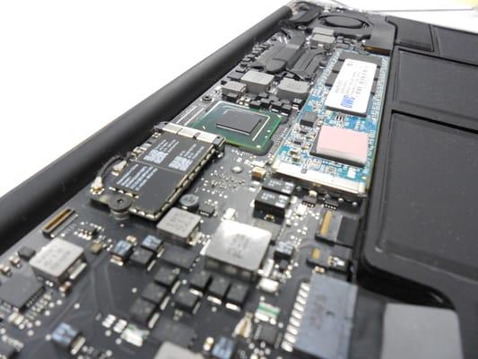 Close up of a laptop motherboard.