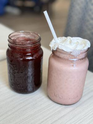 Jamaica (left), strawberry banana smoothie (right)