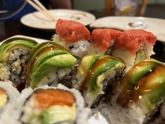 From the bottom of the pic to the top it's the Alaskan Roll, Dragon Roll, and the Fire Roll.