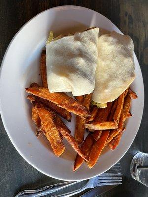 Buffalo Chicken Wrap with sweet potato fries.