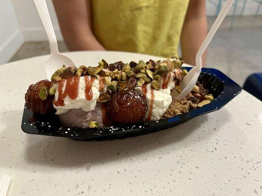 Sicilian - with Frutti di Bosco and Big Katz Espresso Gelato, zeppole, whipped cream, raspberry coulis, and pistachio crunchies.