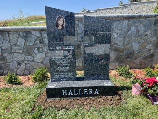 Mattos Monuments  proudly installed this beautiful custom blue pearl upright memorial at Oak Hill Memorial Park to honor Bernel.