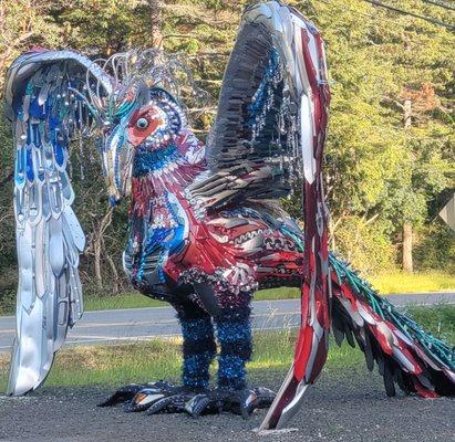 Bandonia the Giant Phoenix at Art 101 is huge! All made from repurposed materials. The sculpture has signage and the gallery more art!