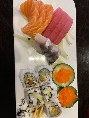 Tuna, Salmon & Mackerel sashimi with Eel roll and fish eggs.