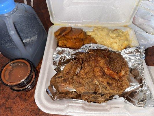 Pork Chop Dinner with Mac n Cheese and yams.