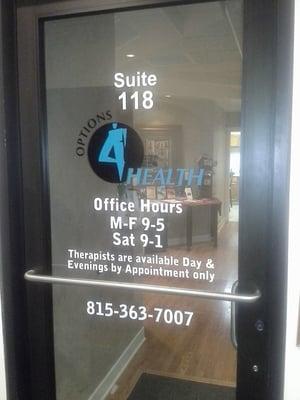 McHenry Options 4 Health door - Call to schedule a massage appointment over the phone - Therapists are available at varying hours and days!