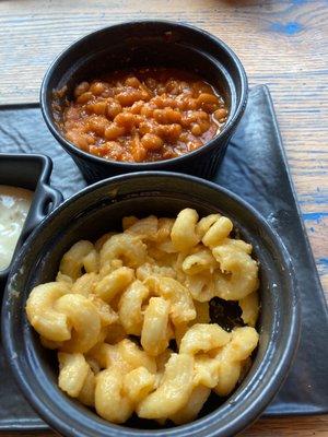 BBQ honey chicken bites, beans, Mac& cheese