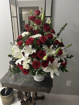 This arrangement was next to the Italian, family memorabilia.  So generous with the beautiful red roses my husband always sent me.