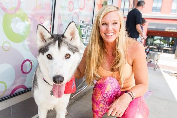 Owner Angie on Opening Weekend with a pup from Richmond's dog rescue BARK - one of our supported charities.