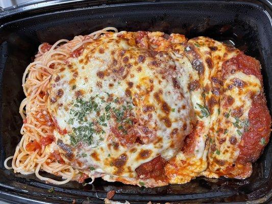 Chicken parmesan over angel hair