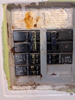 Water damaged breaker panel with permanently tripped breaker