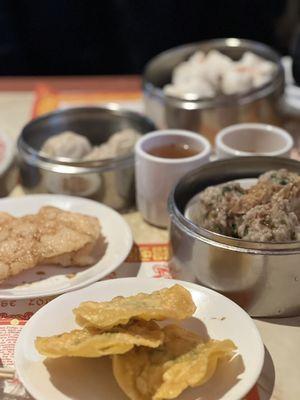 Fried shrimp bean curd, fried shrimp something, shanghai dumplings (soup), meat ball, steamed pork buns